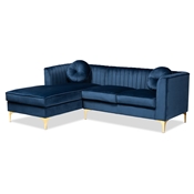 Baxton Studio Giselle Glam and Luxe Navy Blue Velvet Fabric Upholstered Mirrored Gold Finished Left Facing Sectional Sofa with Chaise